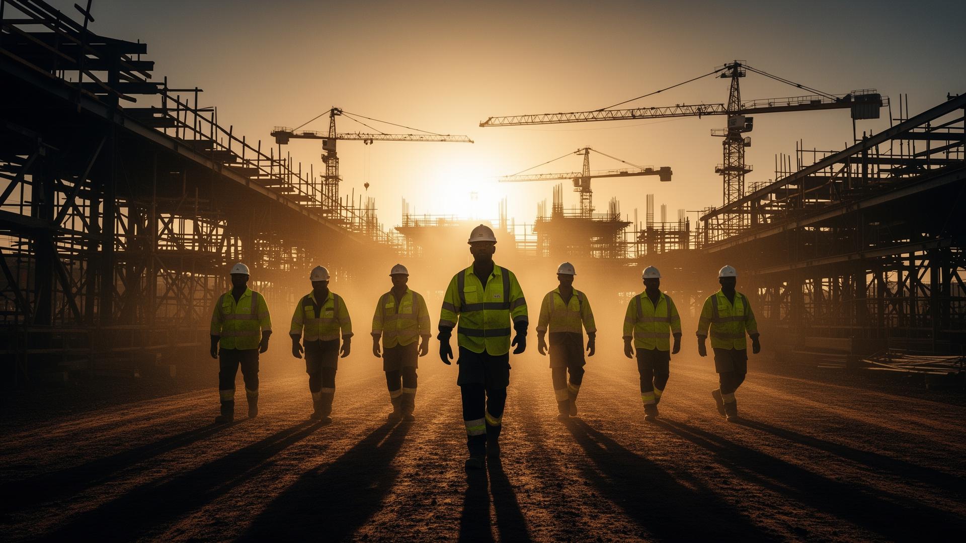 MBC construction crew walking across a site at sunrise